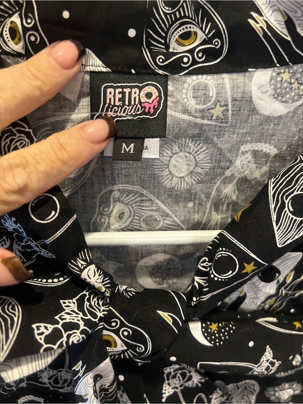 Retrolicious Black Tie neck Planchette Print Shirt and skirt set